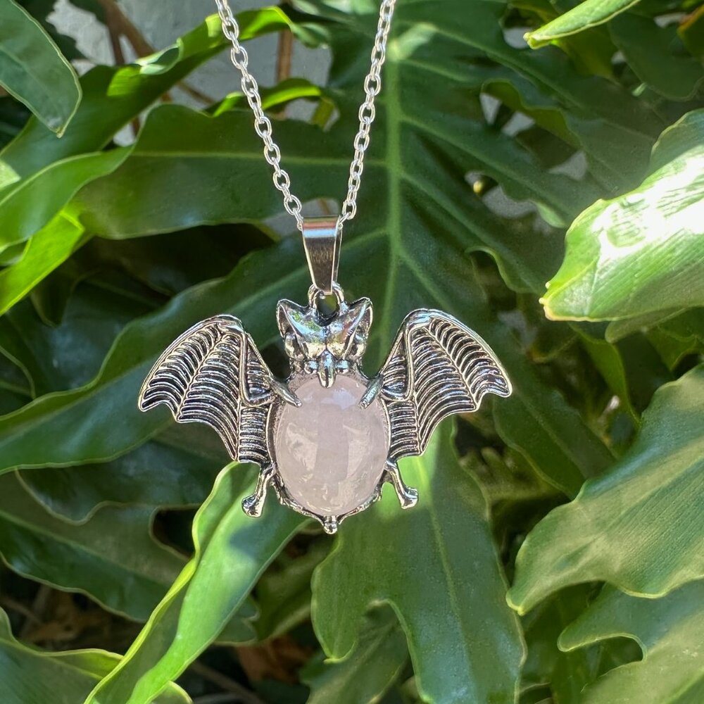 NEW Halloween Rose Quartz Bat Pendant Necklace